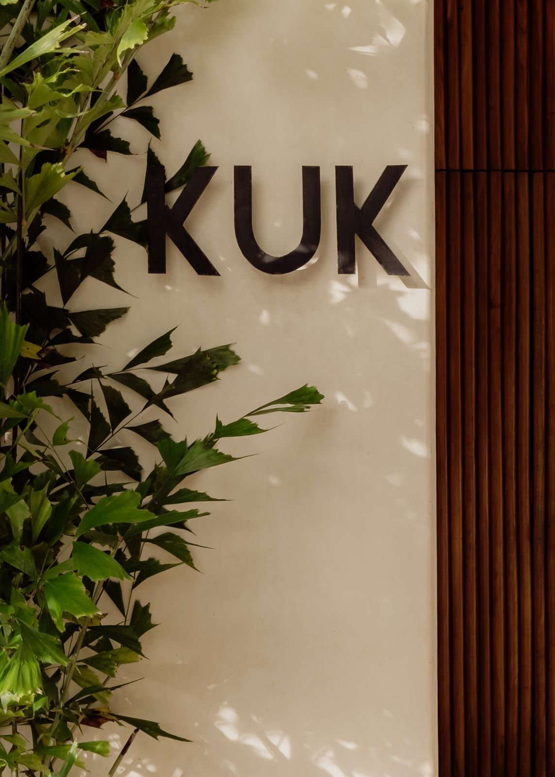 Muro claro con las letras KUK junto a una planta