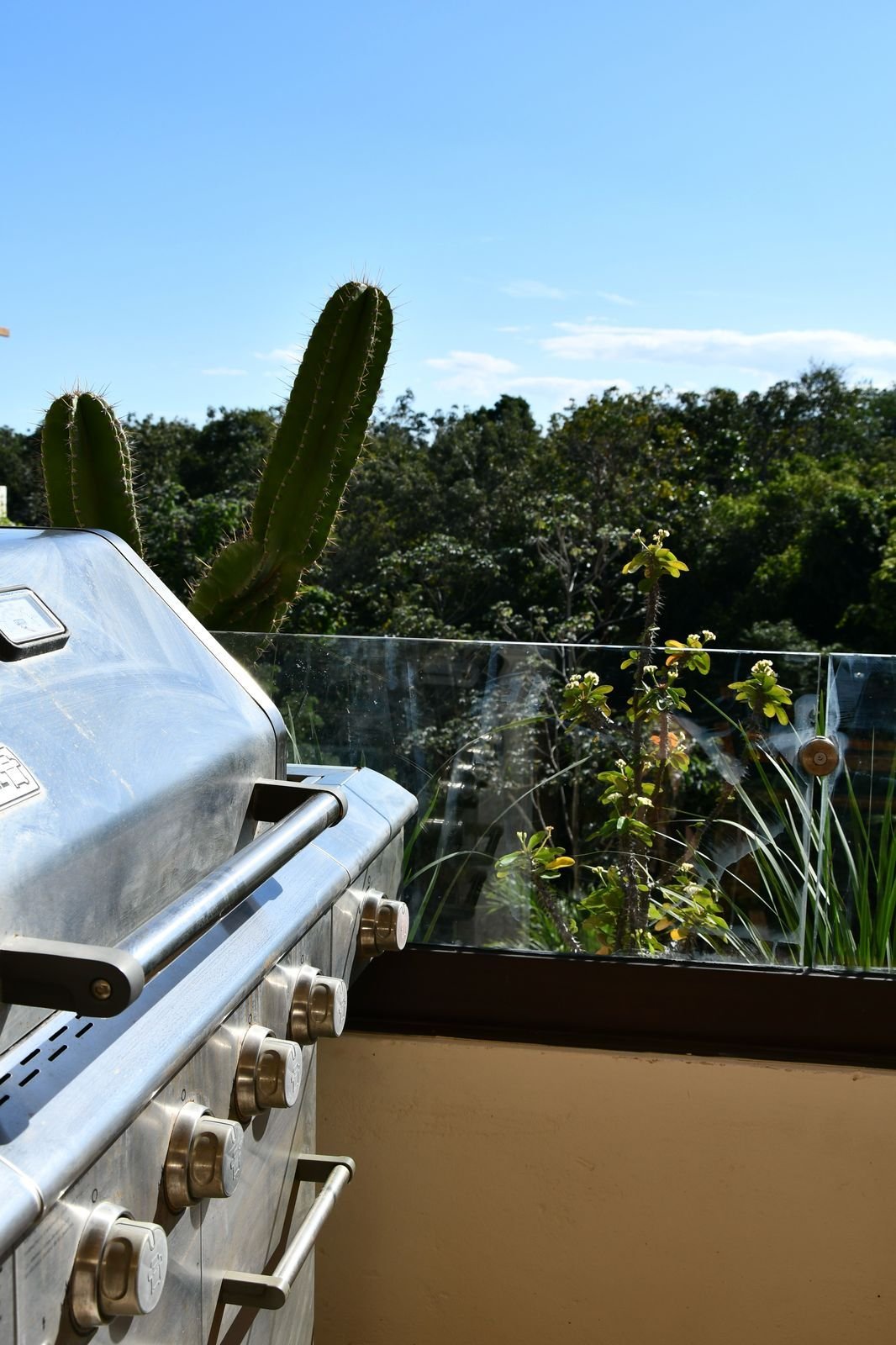 Asador en una terraza, con barandal y vegetación al fondo