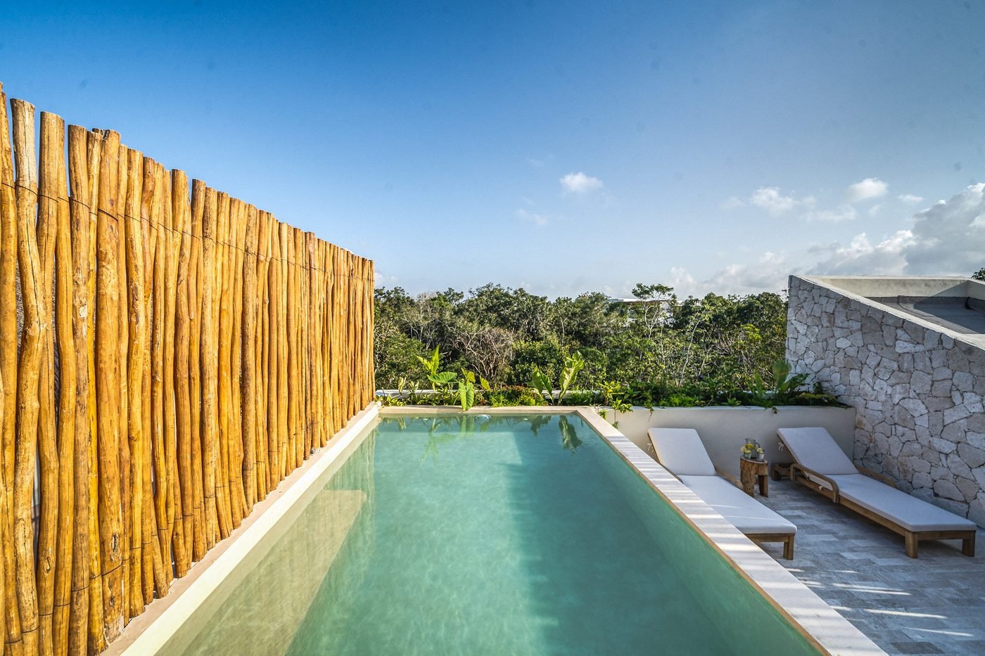 Piscina privada en rooftop con camastros y vista a la selva